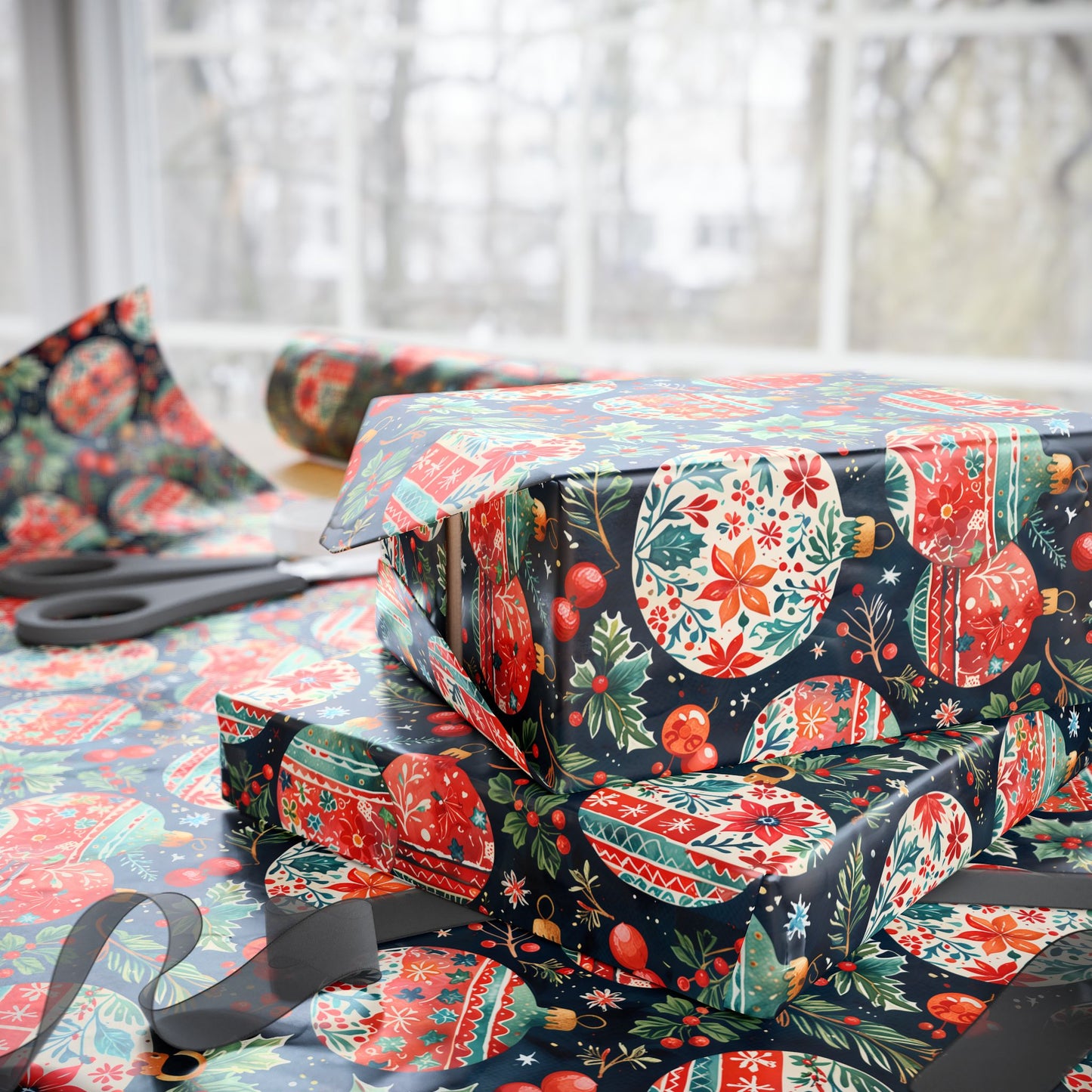 Twinkle Tinsel & Midnight Mistletoe – Folk Art Ornament Wrapping Paper