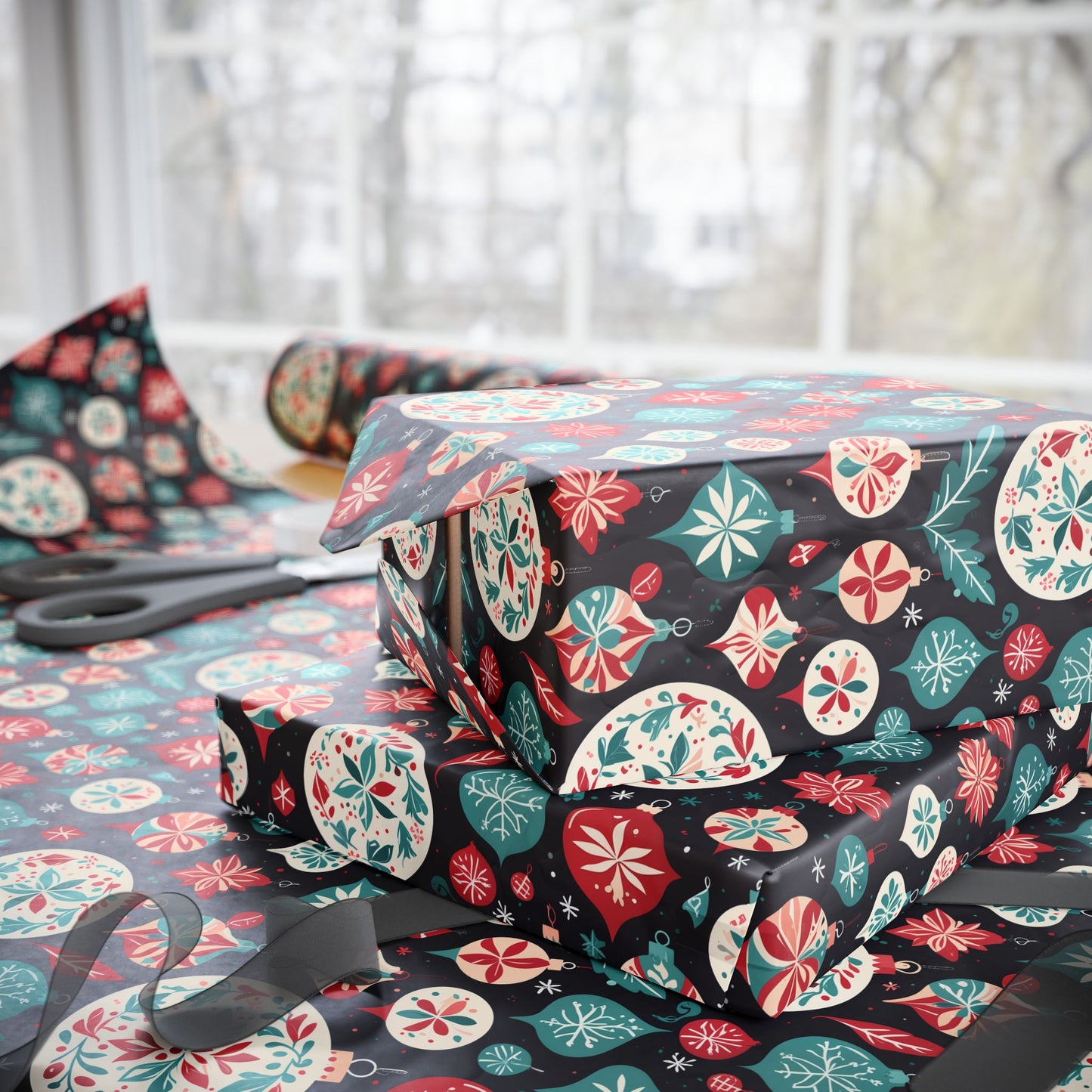 Colorful Aqua and Red Ornaments Wrapping Paper