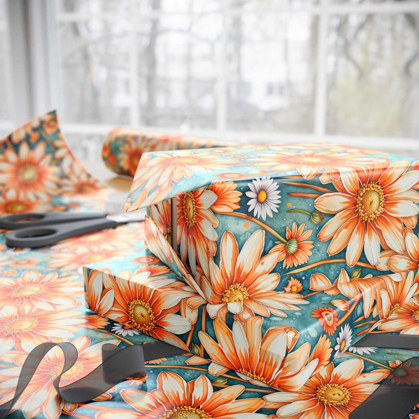 Vibrant Orange Floral Wrapping Paper