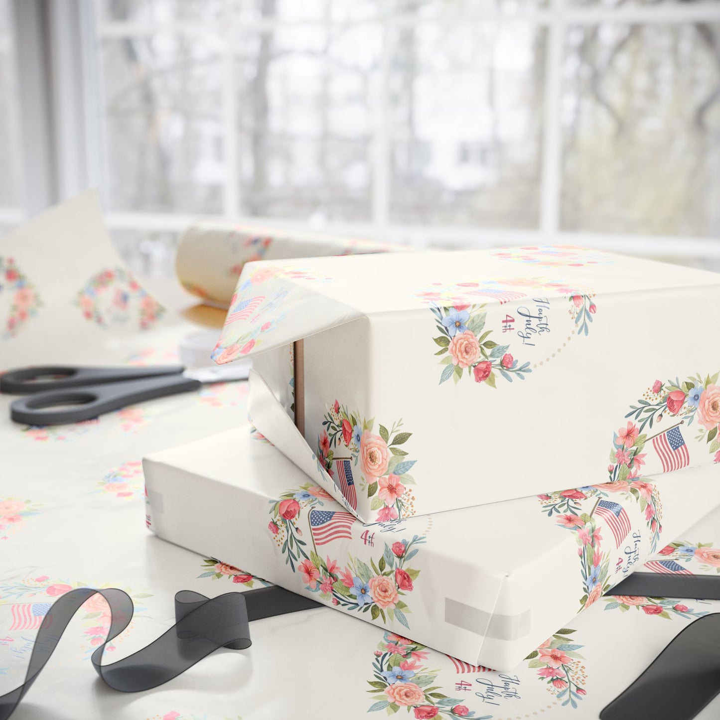 Floral American Flag Wrapping Paper for 4th of July