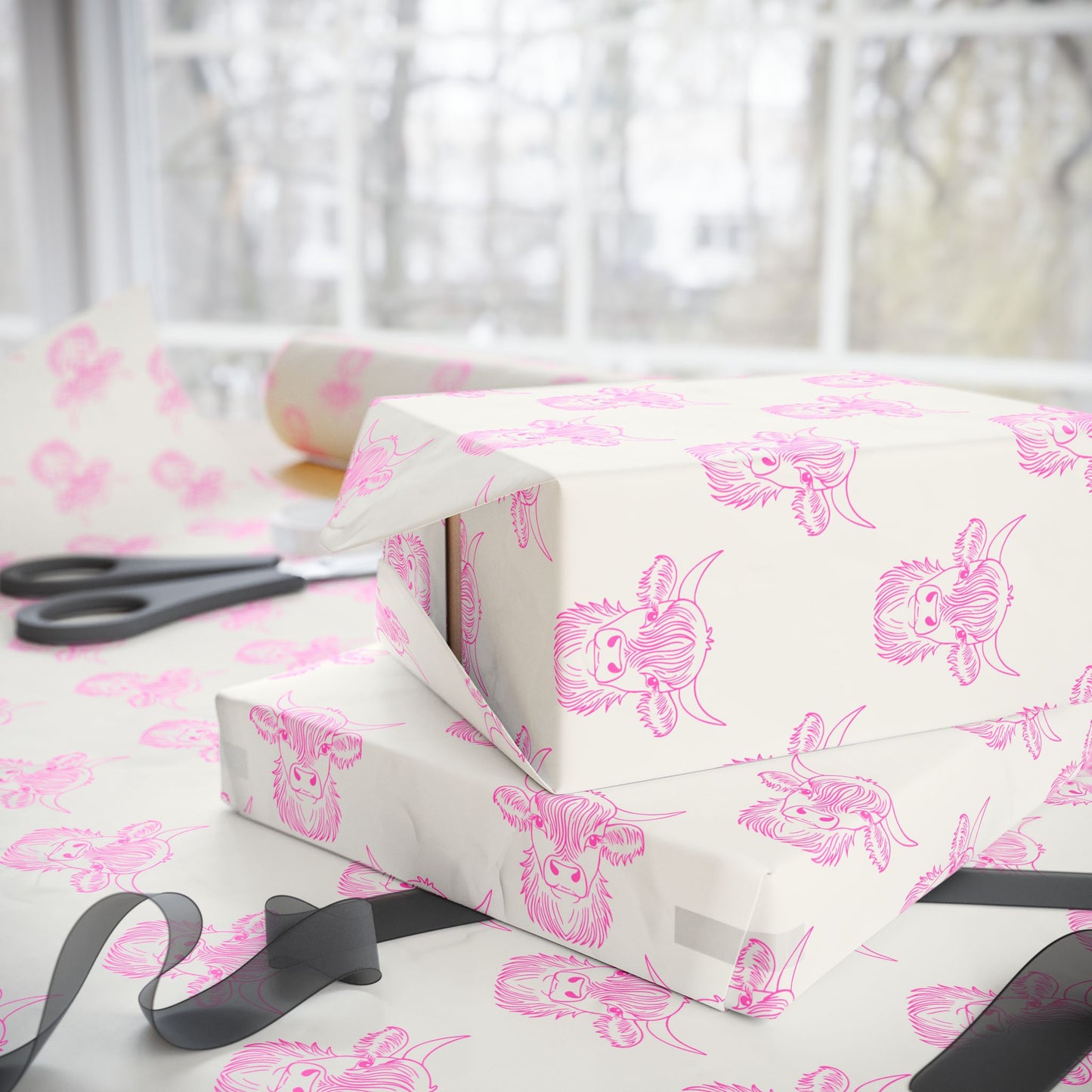 Pink Cute Highland Cow Wrapping Paper Roll