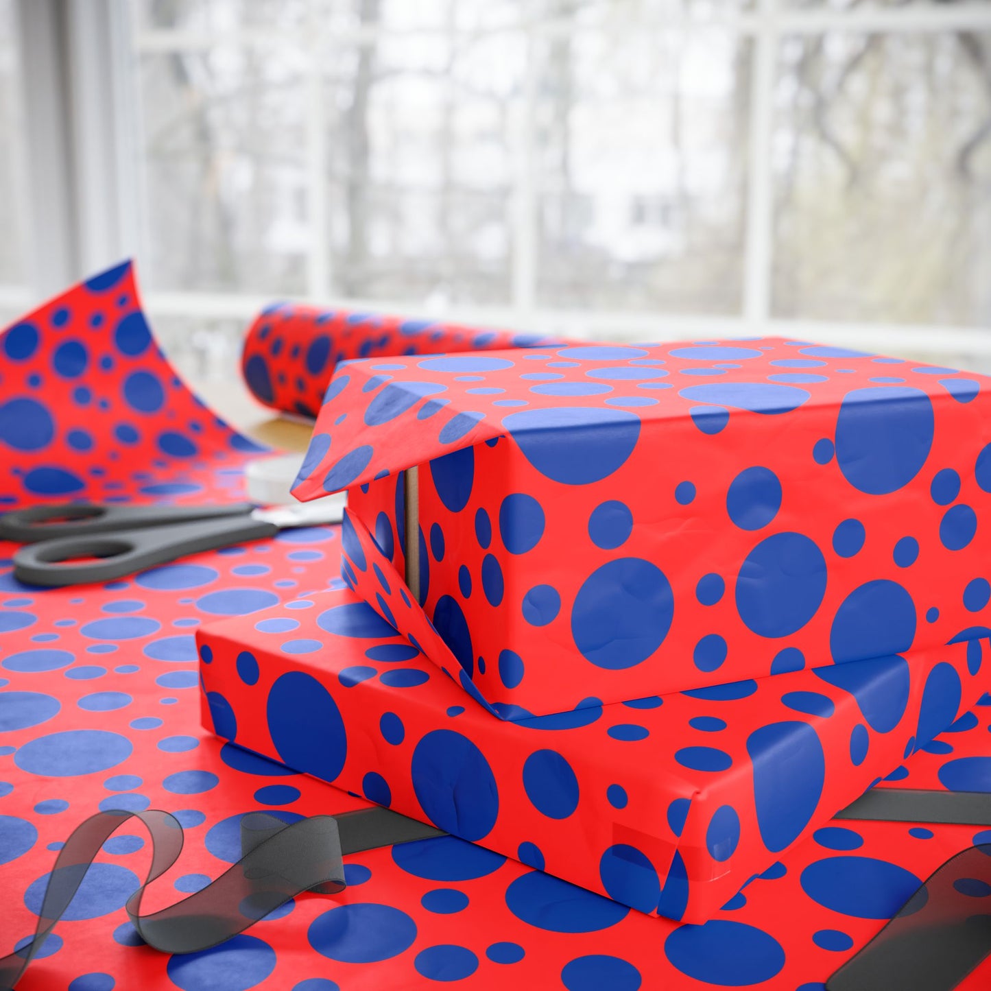 Dot Riot – Bold Blue on Red Modern Wrapping Paper