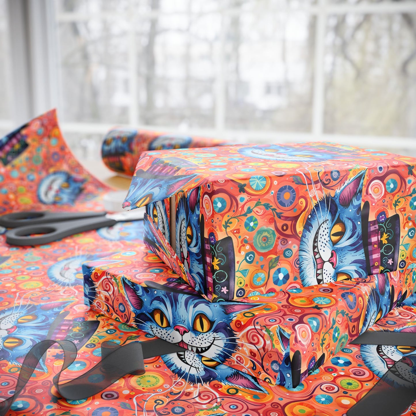 Vibrant Orange Cheshire Cat Gift Wrapping Paper