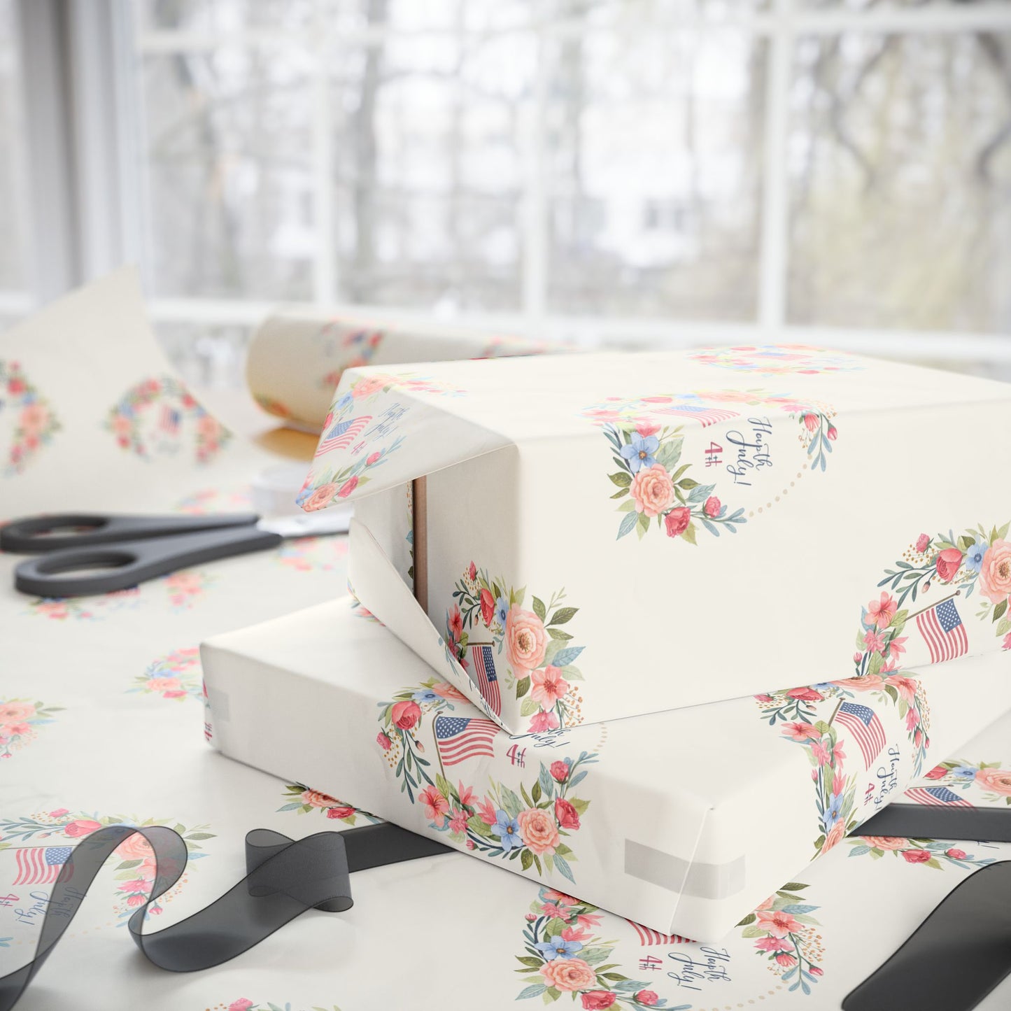 Floral American Flag Wrapping Paper for 4th of July
