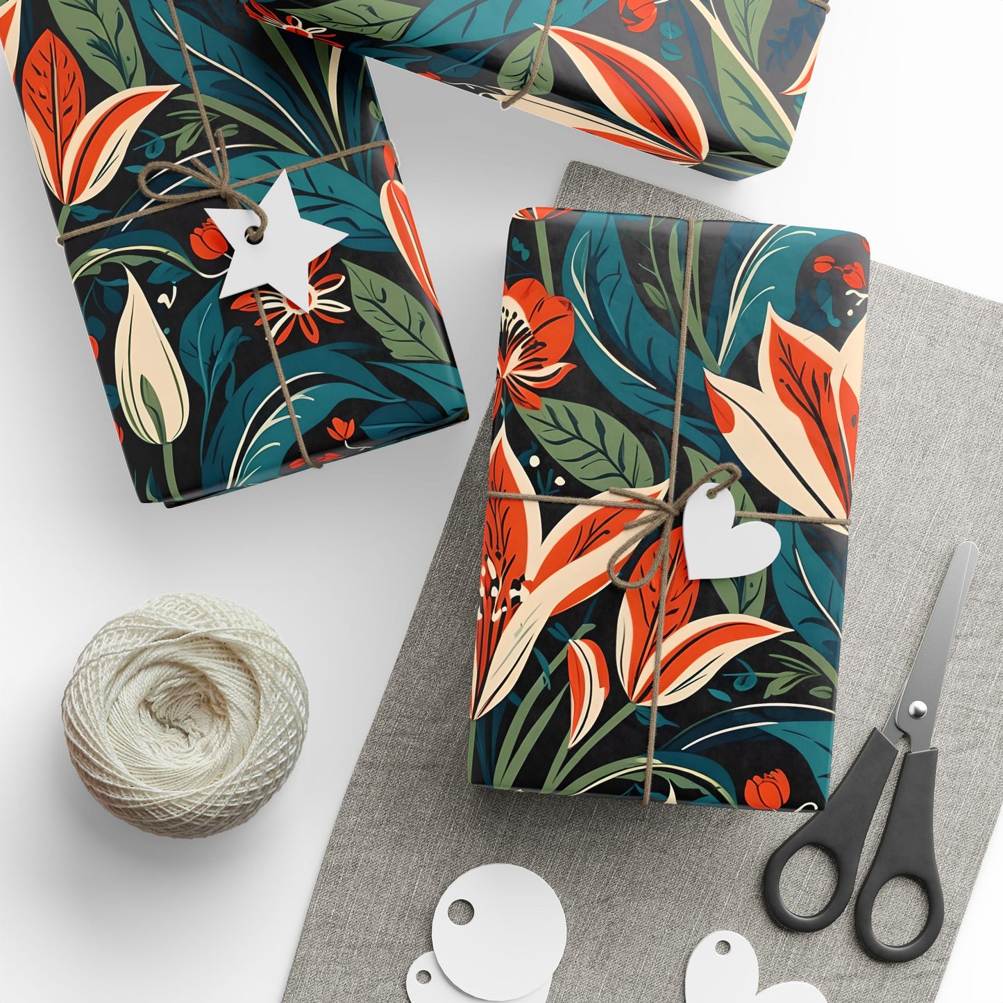Orange Green Blue Botanical Floral Wrap for Presents