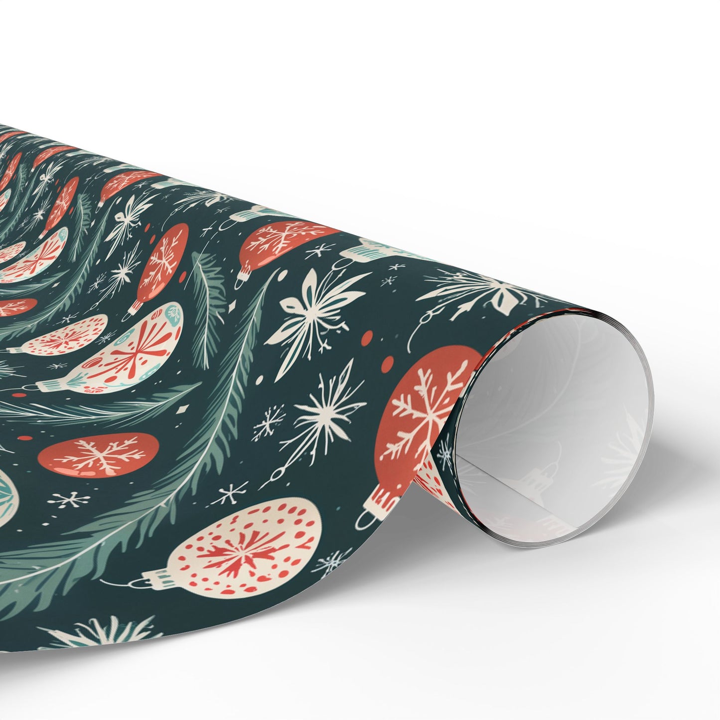 Frosted Evergreen – Retro Ornament & Pine Wrapping Paper