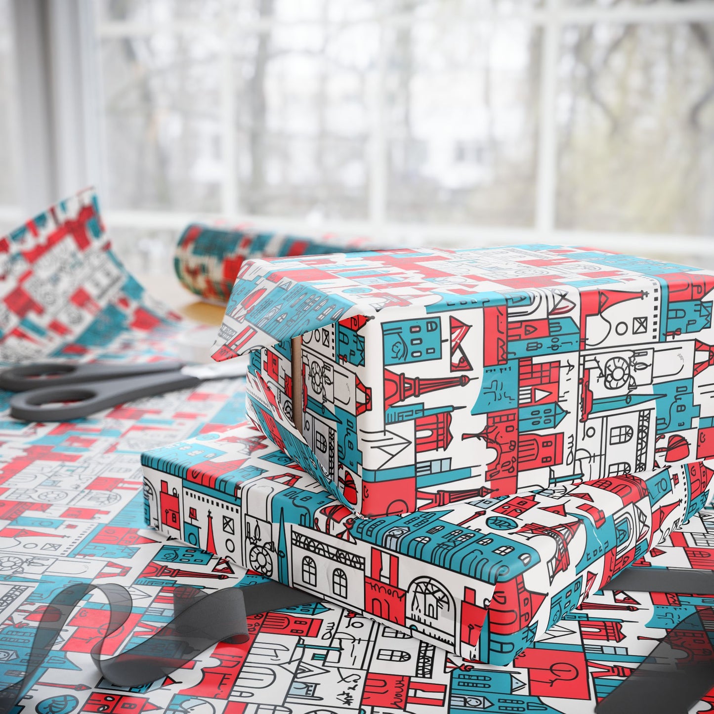 Wrapping Papers: Colorful Blue & Red Abstract Cityscape