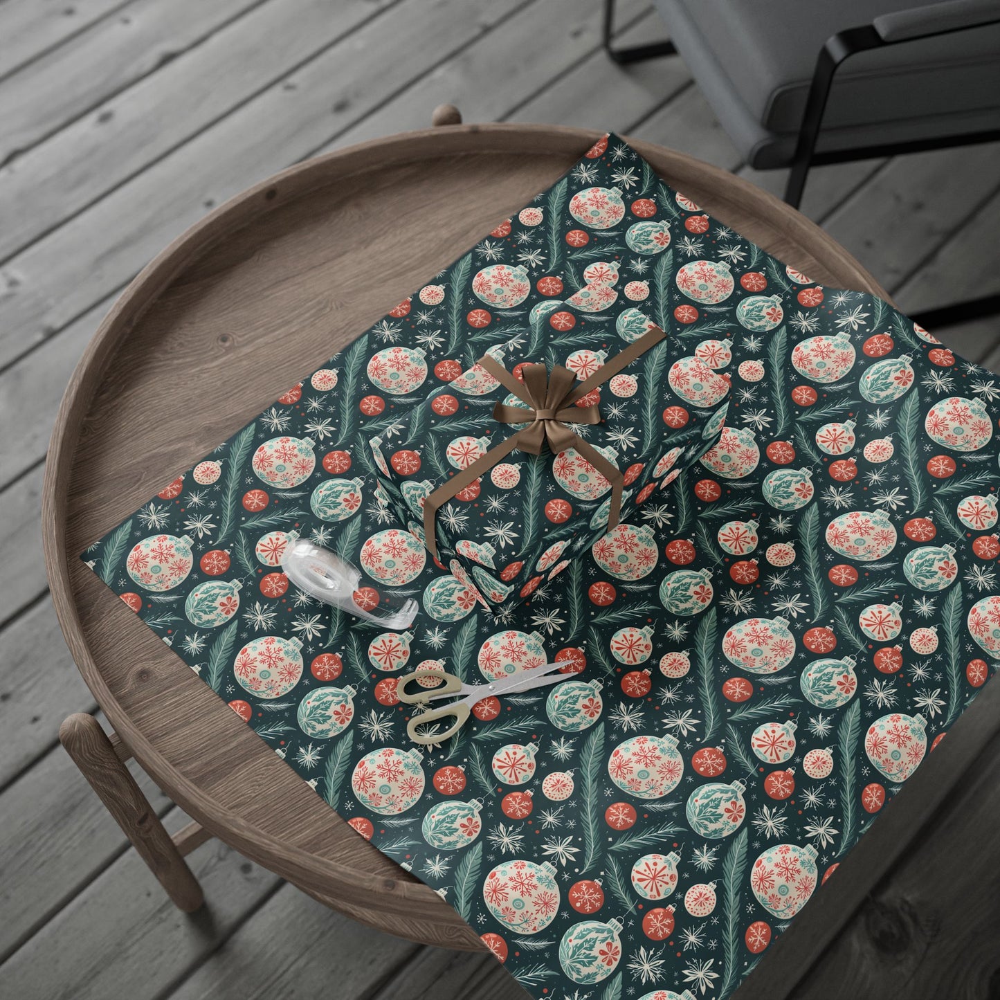 Frosted Evergreen – Retro Ornament & Pine Wrapping Paper