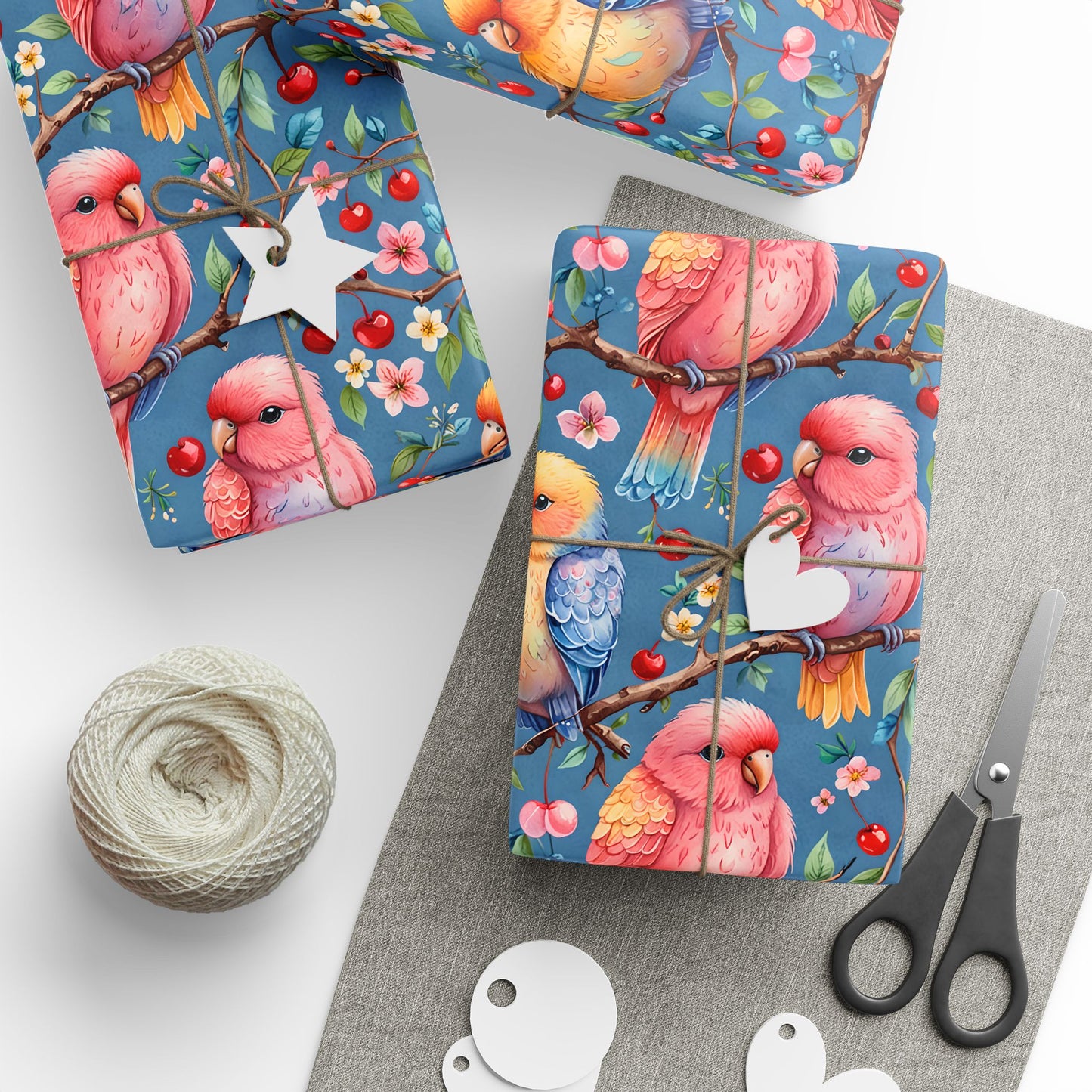 Pastel Lovebirds Cute Valentines Day Gift Paper with Cherries and Flowers