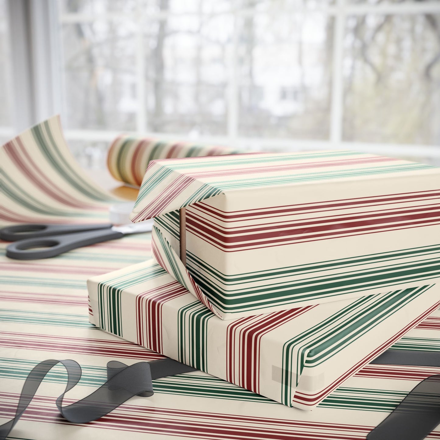 Festive Red & Green Striped Wrapping Paper