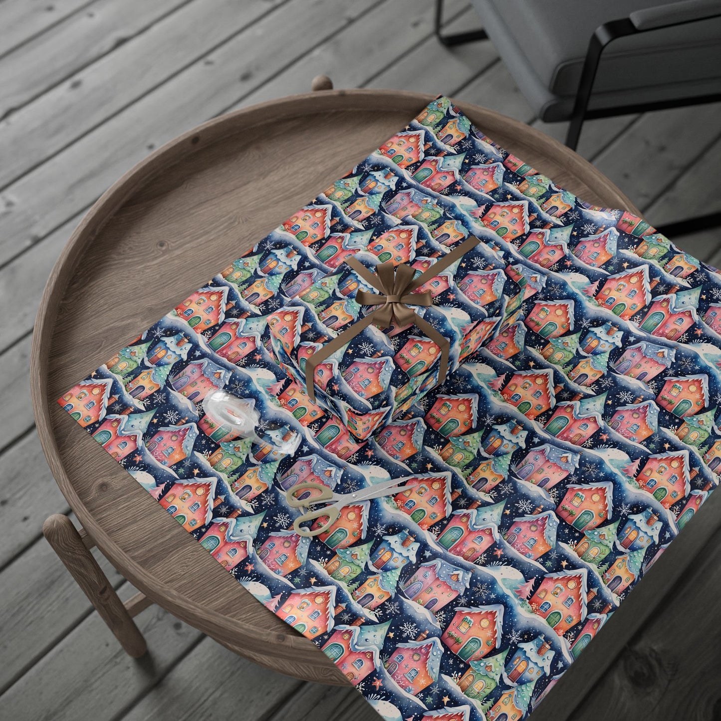 Holiday Wrapping Papers with Sparkling Star, Cute Snowflake, and Christmas Village Design