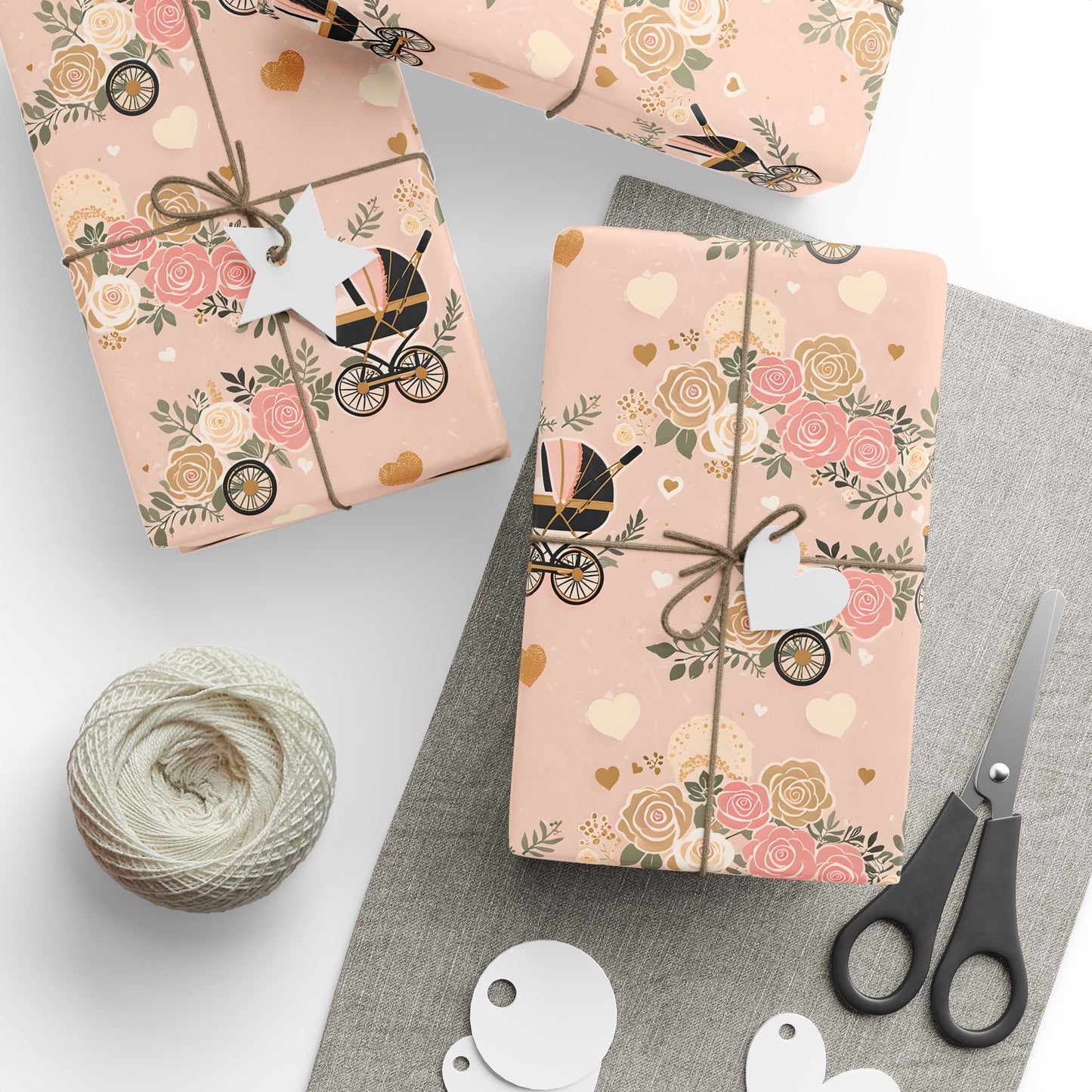 Wrapping Papers - Baby Shower Pattern with Flowers and Carriages
