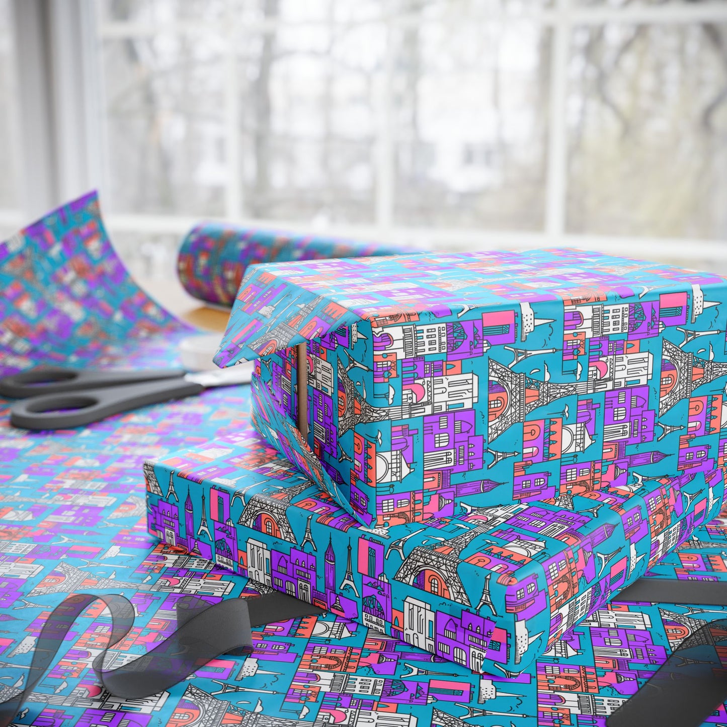 Wrapping Papers - Colorful Blue & Purple Abstract Cityscape