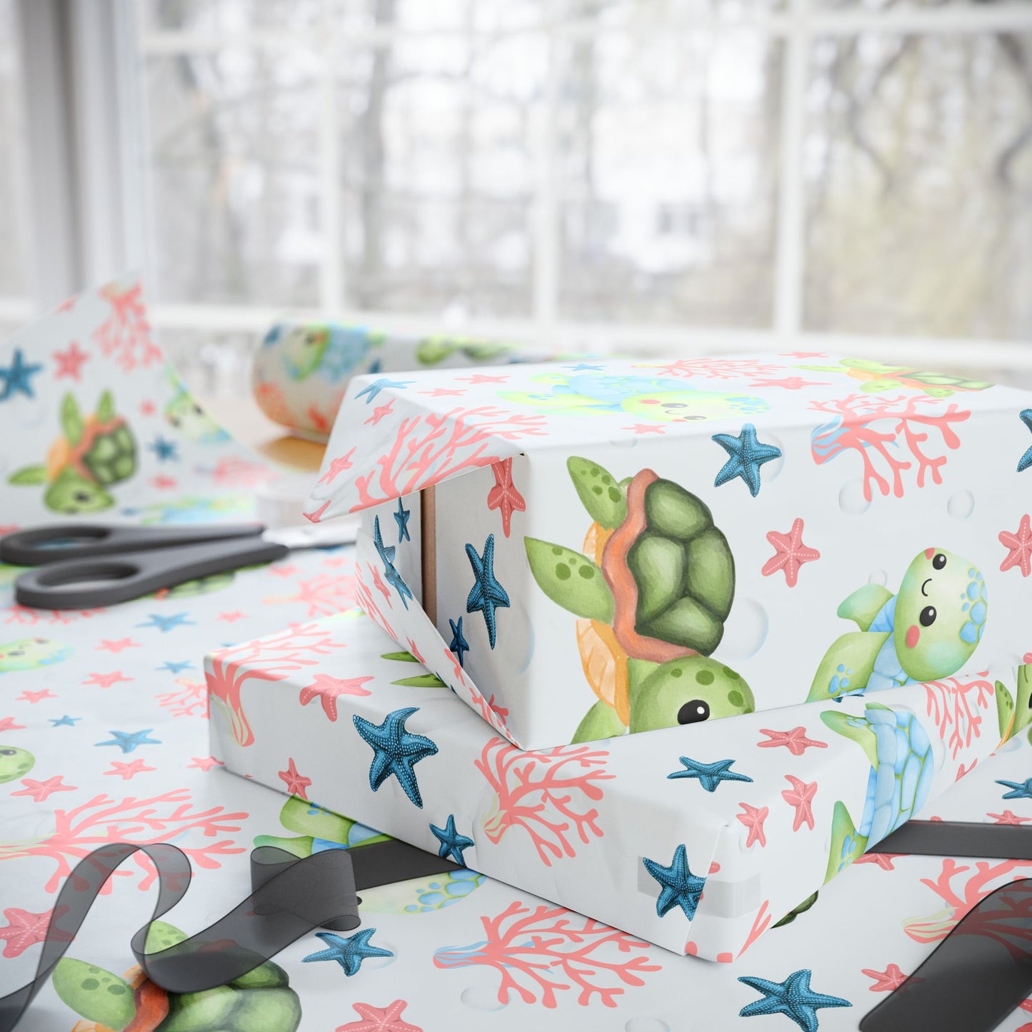 Baby Sea Turtle and Sea Stars Design