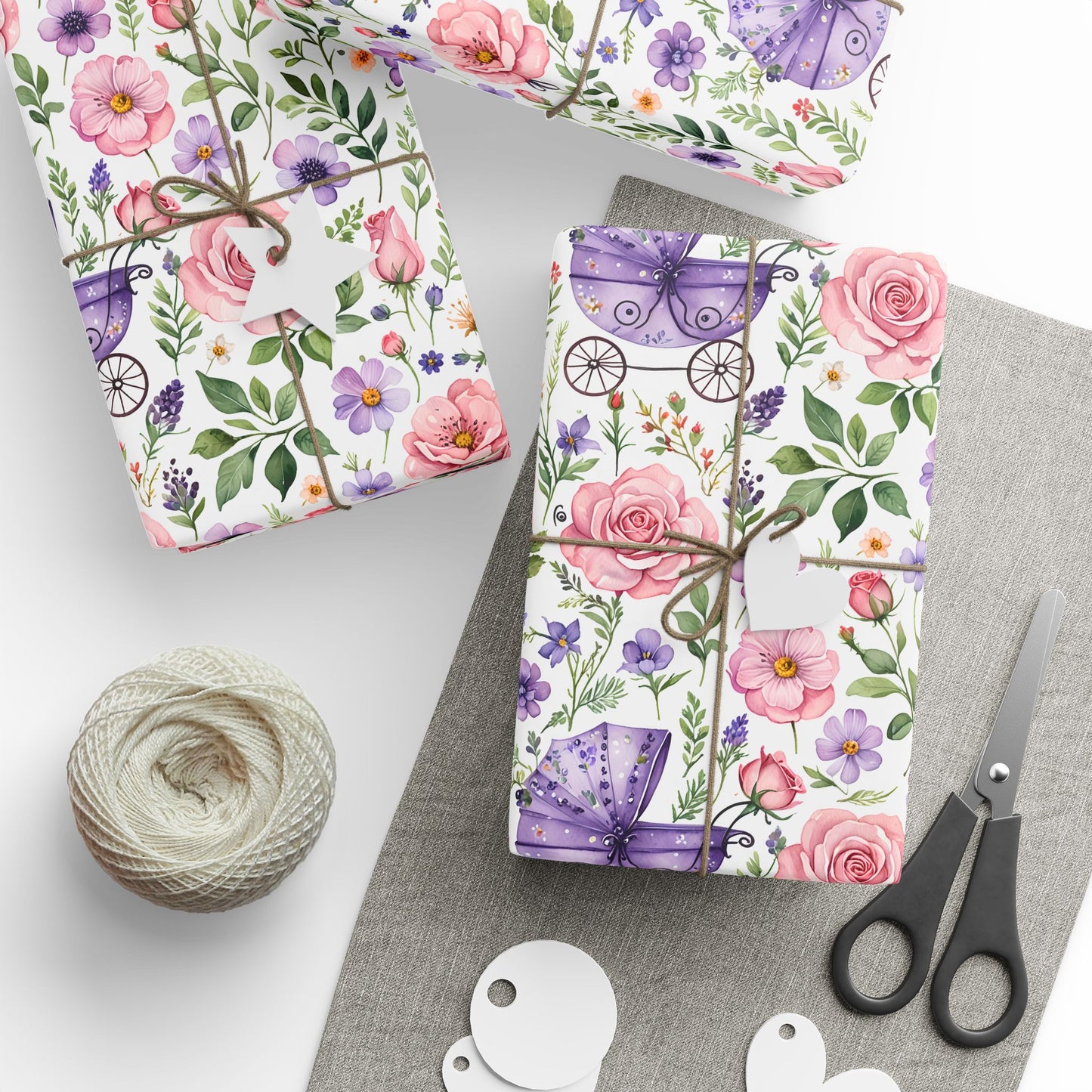 Baby Shower Gift Wrap with Floral and Baby Carriage Design
