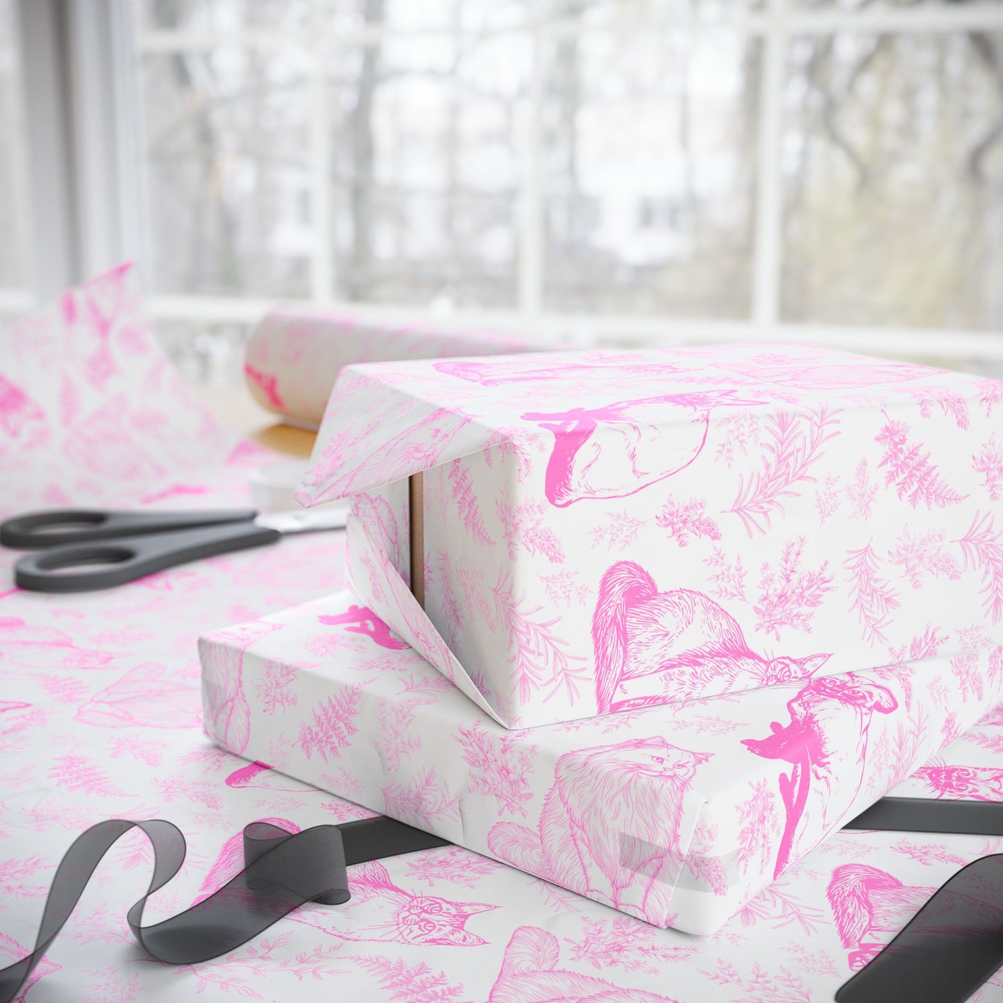 Pink Cat Toile De Jouy Wrapping Paper Roll