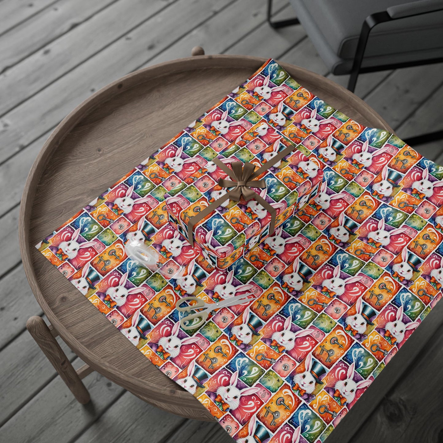 Alice in Wonderland Gift Wrap with Keys & Magic, Whimsical White Rabbit Wrapping Paper