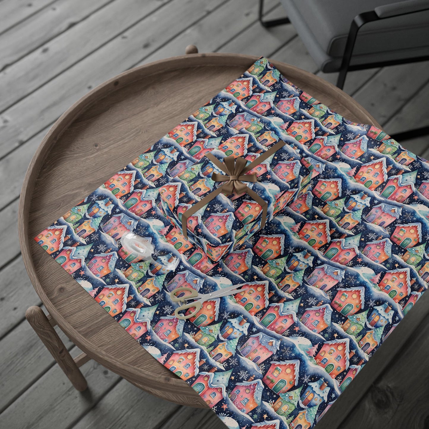 Holiday Wrapping Papers with Sparkling Star, Cute Snowflake, and Christmas Village Design