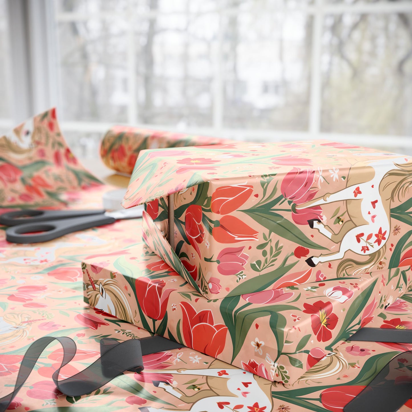Playful Ponies and Tulips Romantic Gift Wrap