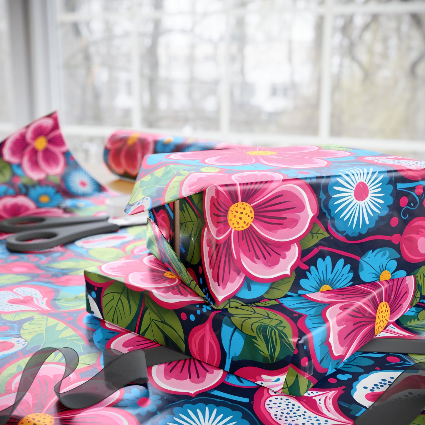 Colorful Pink & Aqua Flower Pattern Gift Wrap