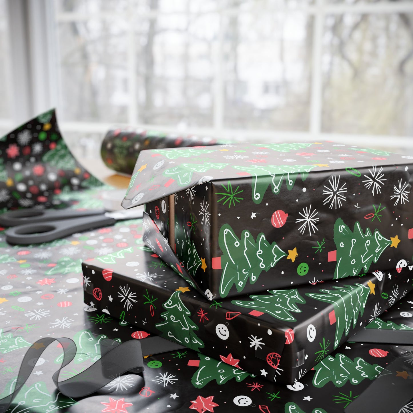 Merry Mischief – Doodled Christmas Tree Wrapping Paper