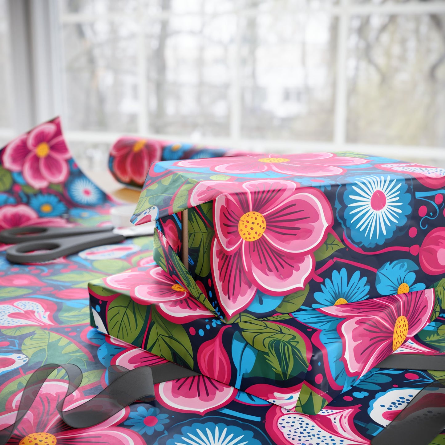 Colorful Pink & Aqua Flower Pattern Gift Wrap
