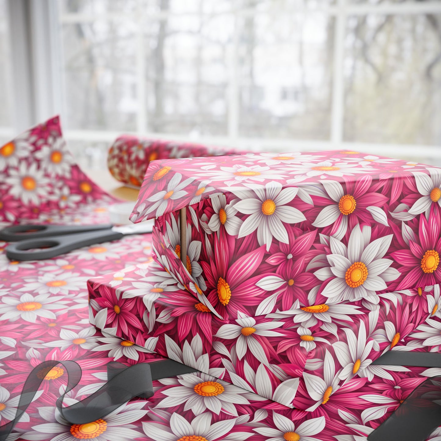 Pink & White Daisy Floral Gift Wrap Paper