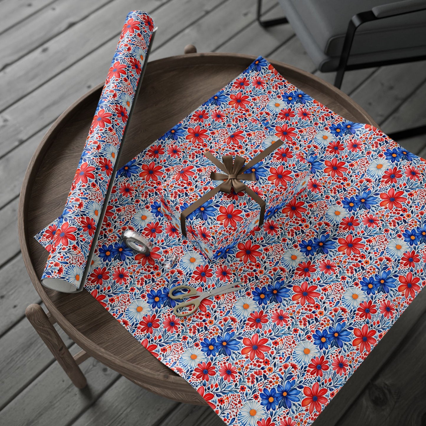Red, White and Blue Floral Wrapping Paper