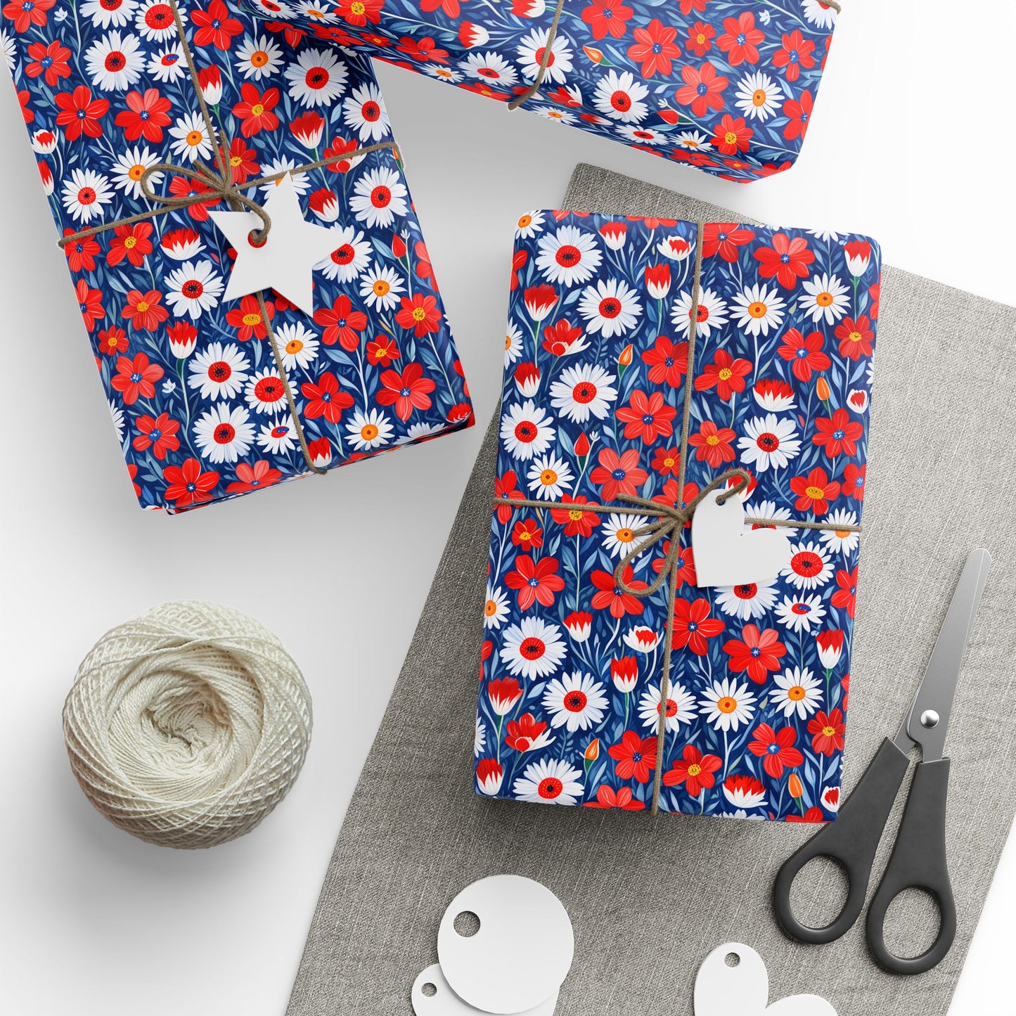 Vibrant Red, Blue and White Floral Wrapping Paper