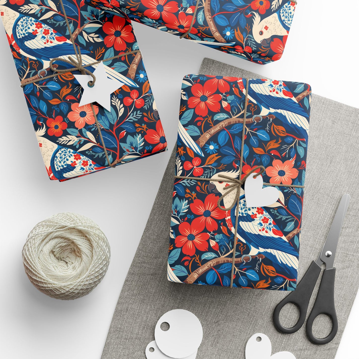 Red and Blue Parrot Floral Gift Wrap Paper