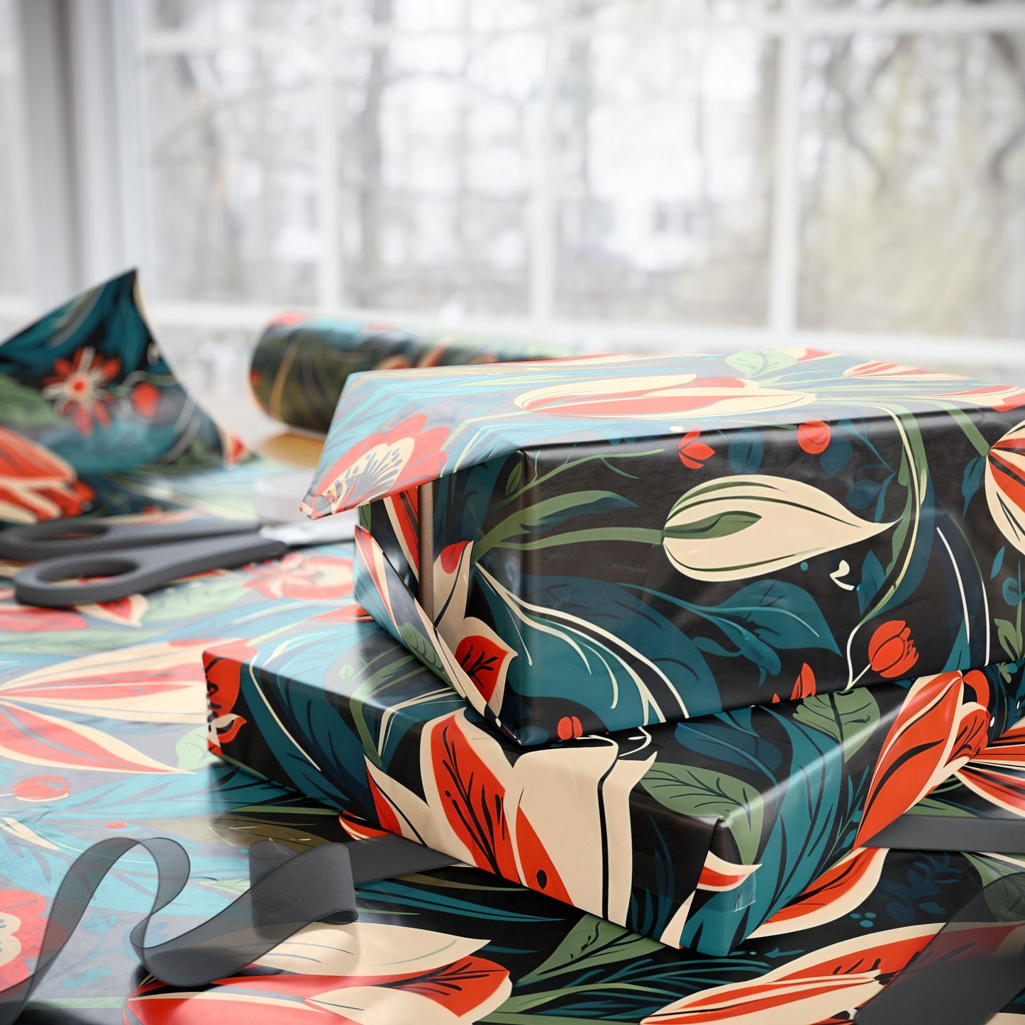 Orange Green Blue Botanical Floral Wrap for Presents