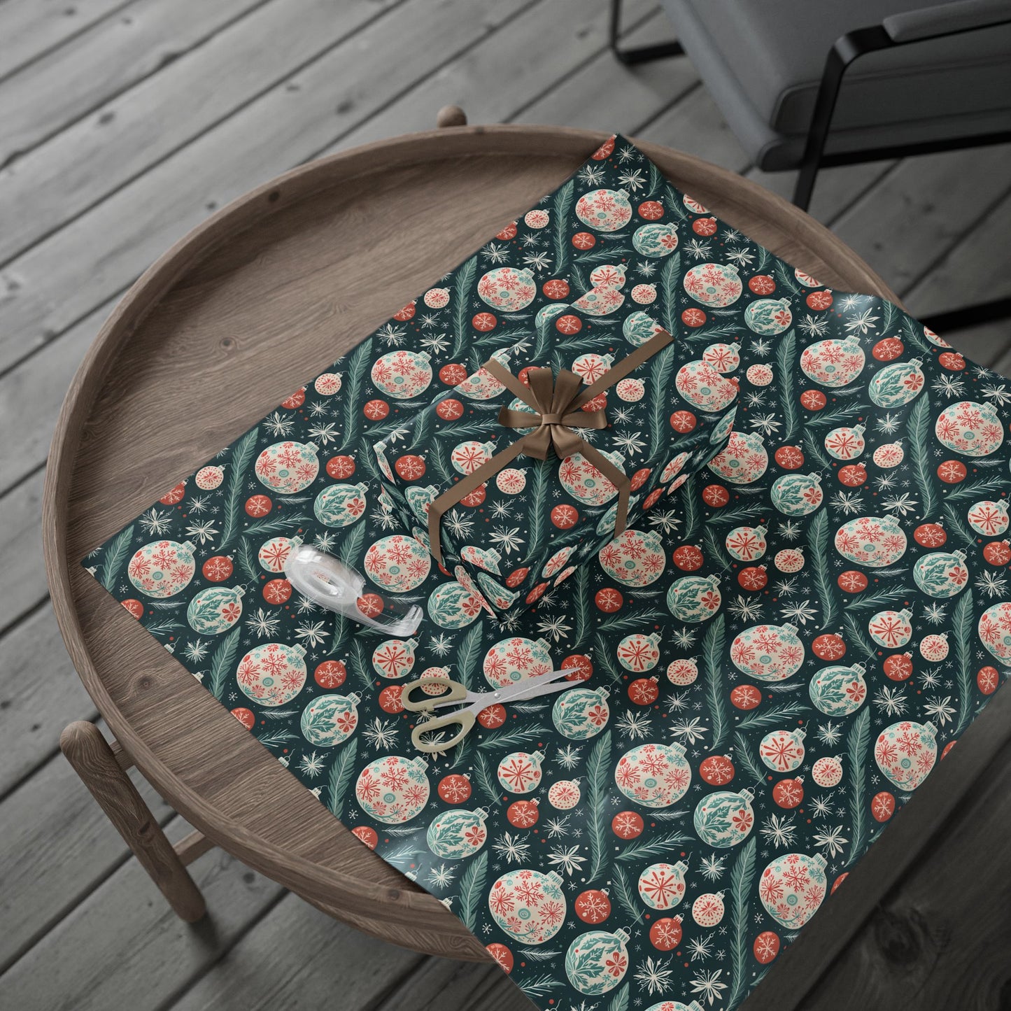Frosted Evergreen – Retro Ornament & Pine Wrapping Paper