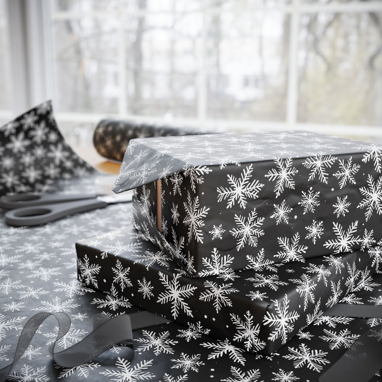 Midnight Flurries – Black & White Snowflake Wrapping Paper