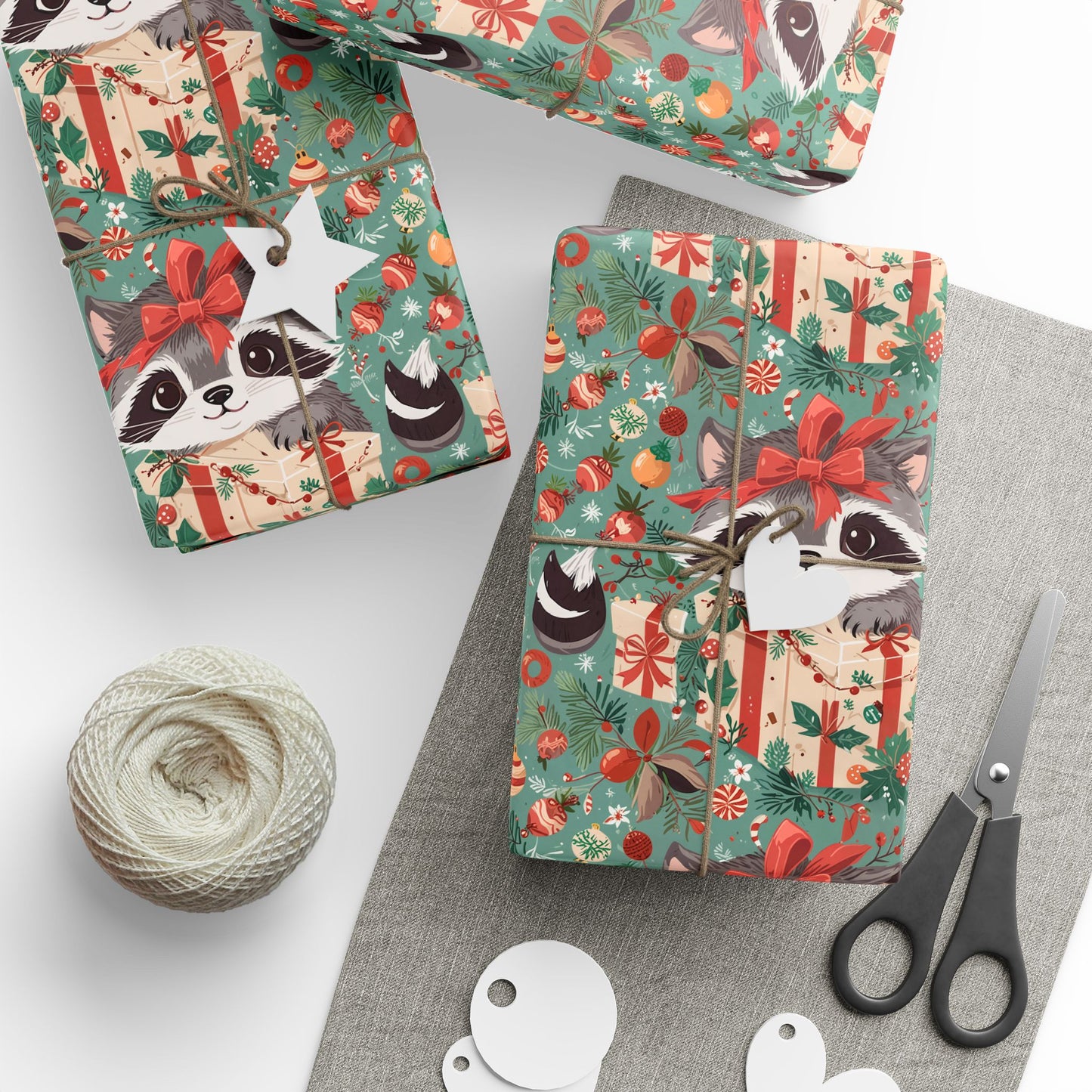 Raccoon Around the Christmas Tree – Whimsical Woodland Wrapping Paper