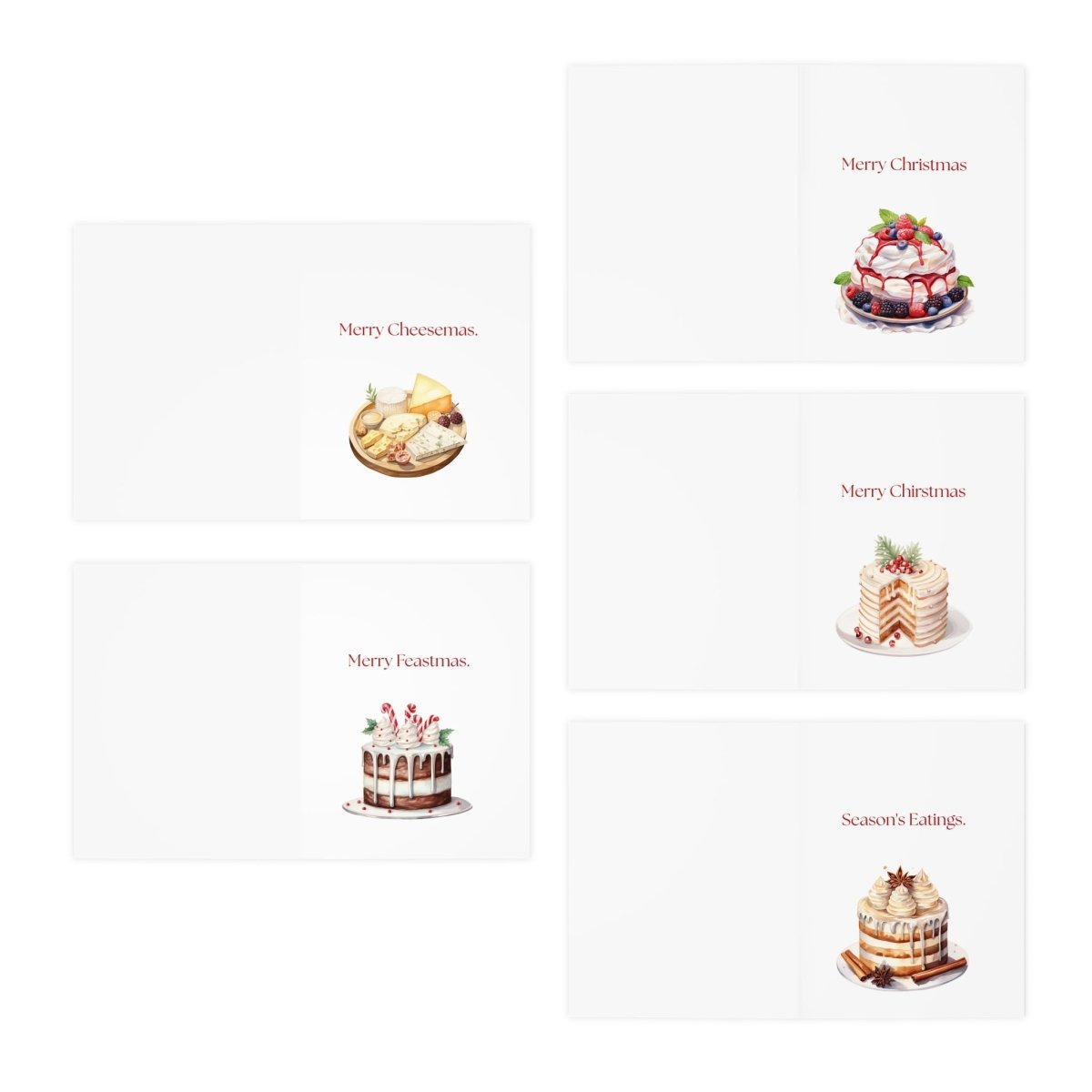 Funny Christmas (Food - Set 1) Greeting Card Pack | Set of 5 Holiday Cards | Cute & Cheeky Christmas Cards