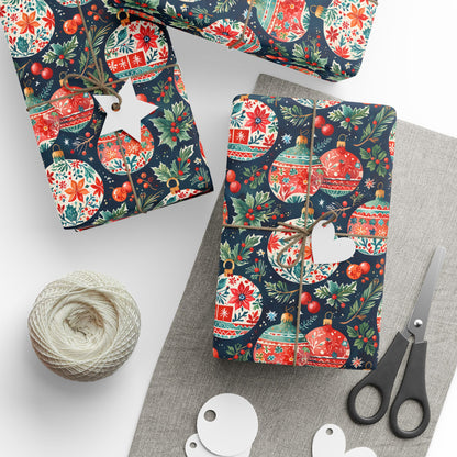 Twinkle Tinsel & Midnight Mistletoe – Folk Art Ornament Wrapping Paper