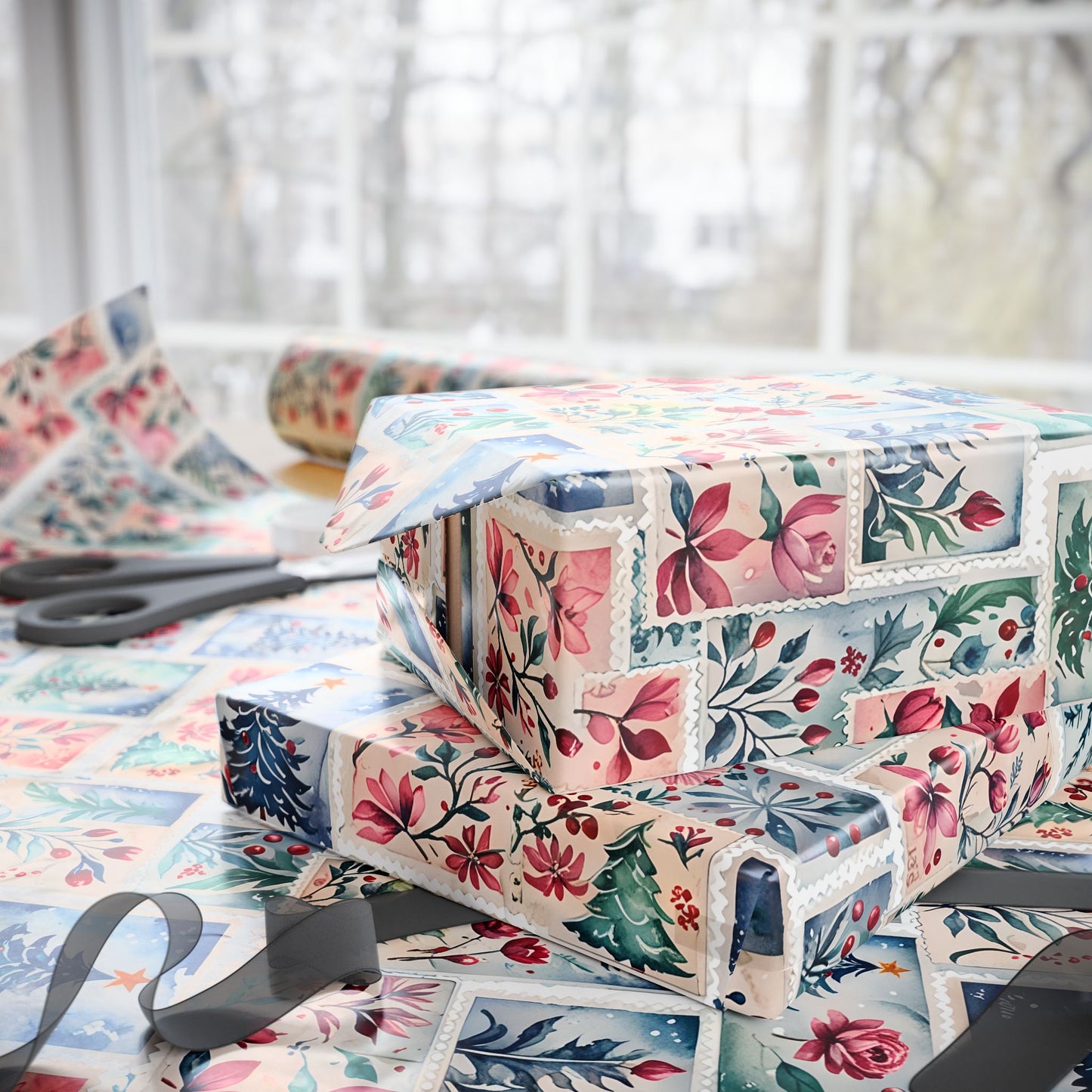 Flora & First - Class Festivities – Botanical Holiday Stamp Wrapping Paper