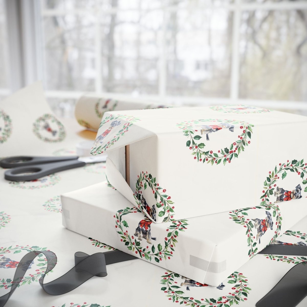 Paw - liday Wreaths & Wags – Schnauzer Christmas Wrapping Paper