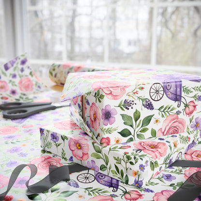 Baby Shower Gift Wrap with Floral and Baby Carriage Design