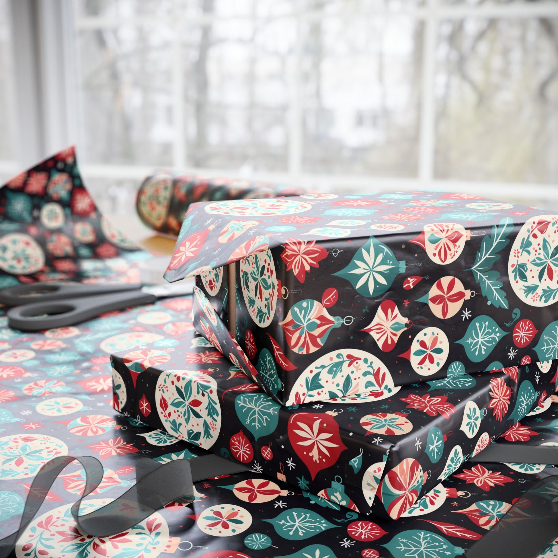 Colorful Aqua and Red Ornaments Wrapping Paper