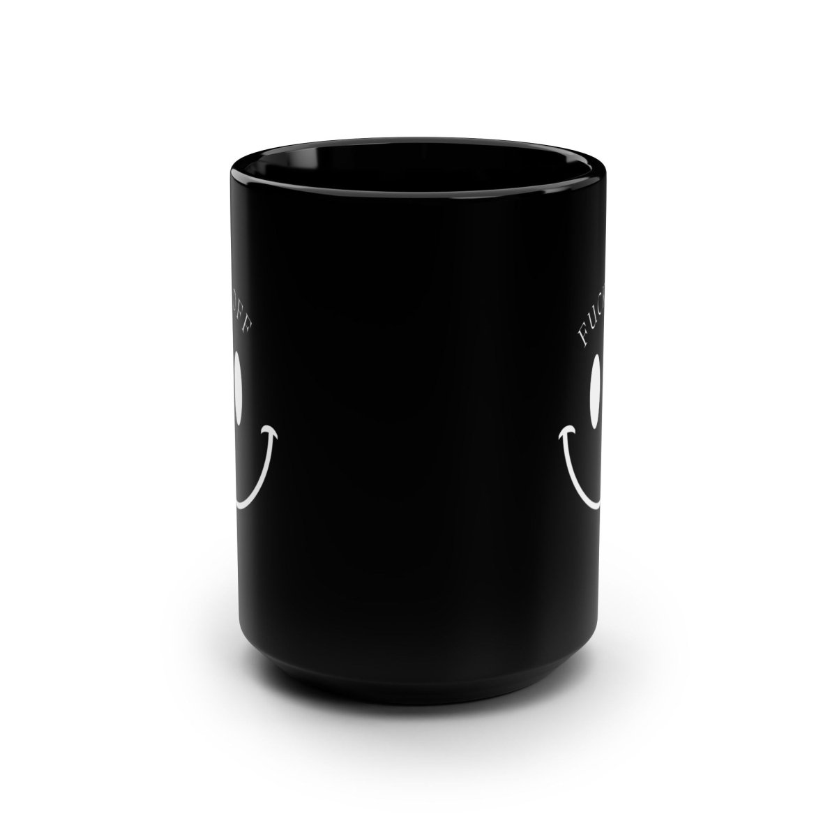 15oz Black Mug — Smiley Face with “Fuck Off” Graphic | Funny Novelty Coffee Cup
