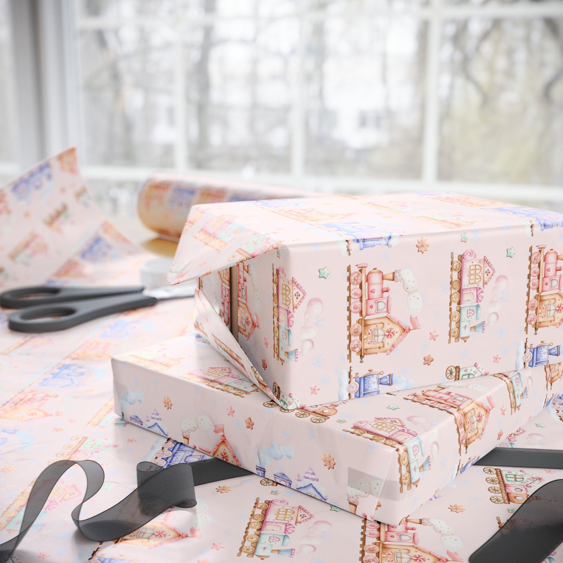 Candy Caboose Express – Gingerbread Train Wrapping Paper