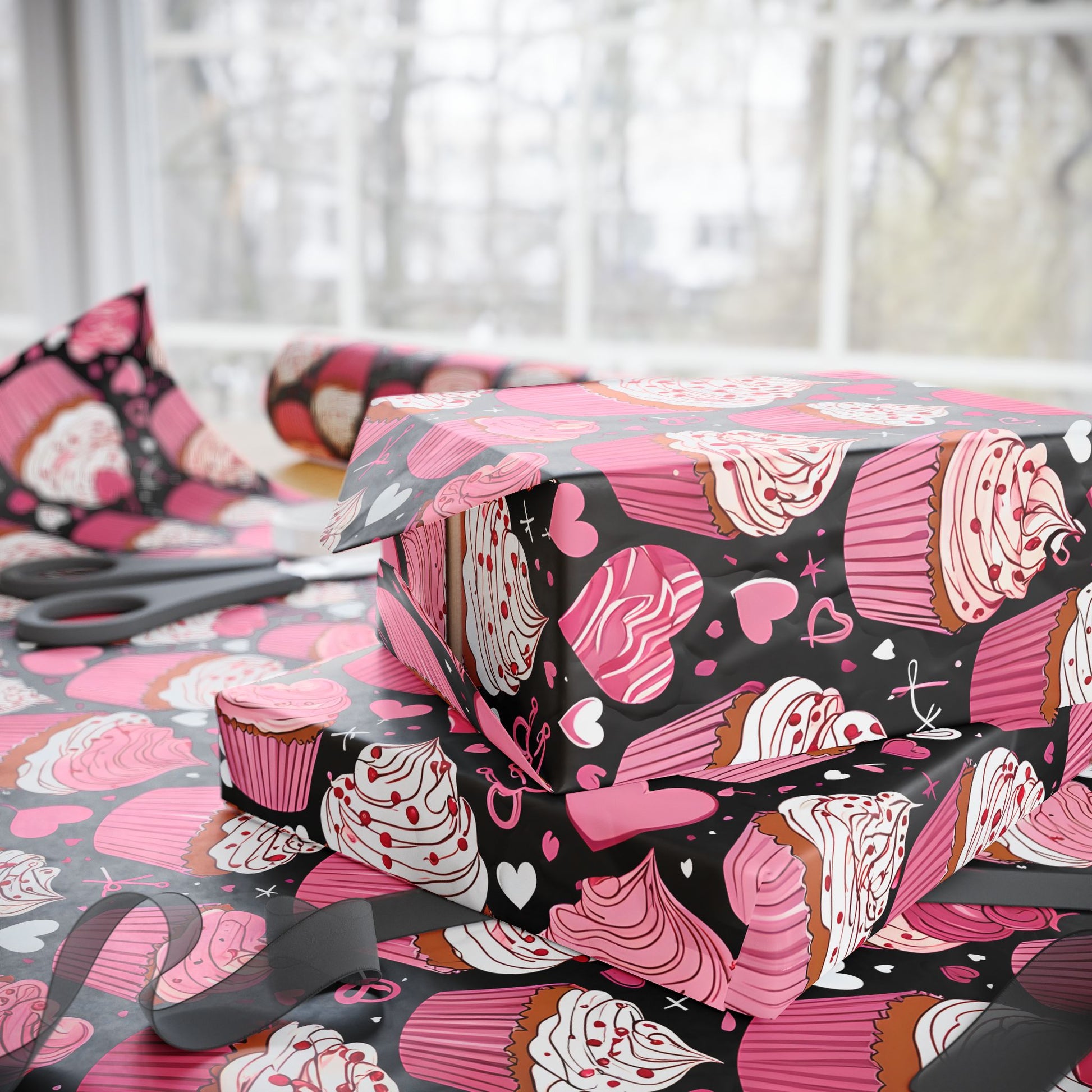 Cupcake and Heart Valentine Gift Paper in pink and white on a black background