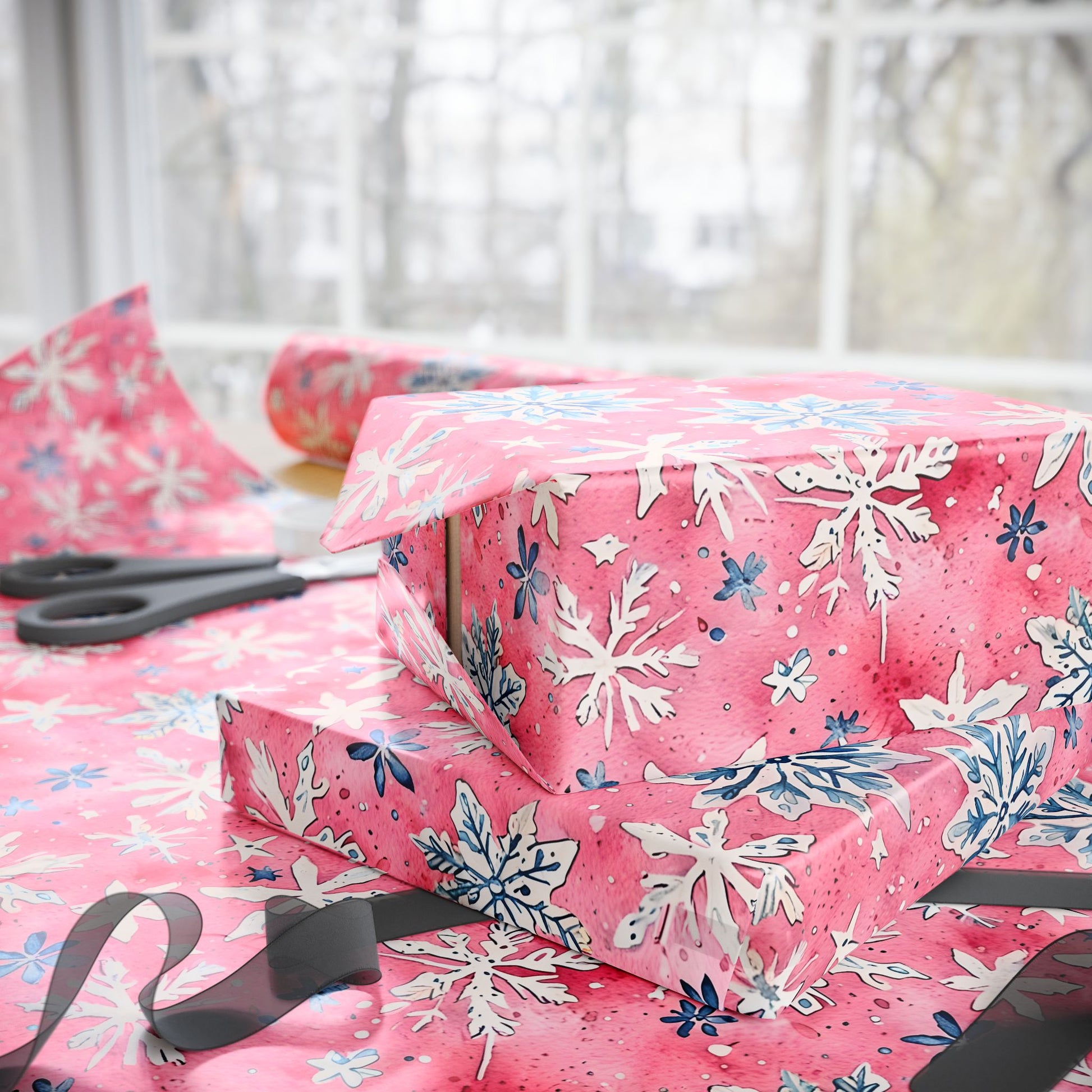 Frosted Flurries & Blush Whirlwinds – Pink Snowflake Wrapping Paper