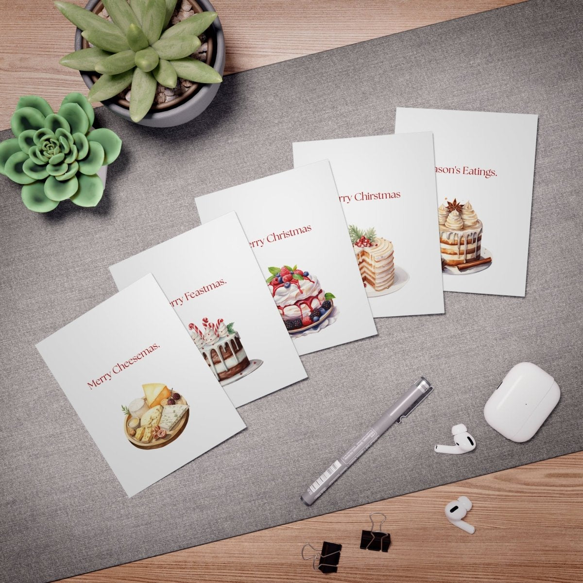 Funny Christmas (Food - Set 1) Greeting Card Pack | Set of 5 Holiday Cards | Cute & Cheeky Christmas Cards