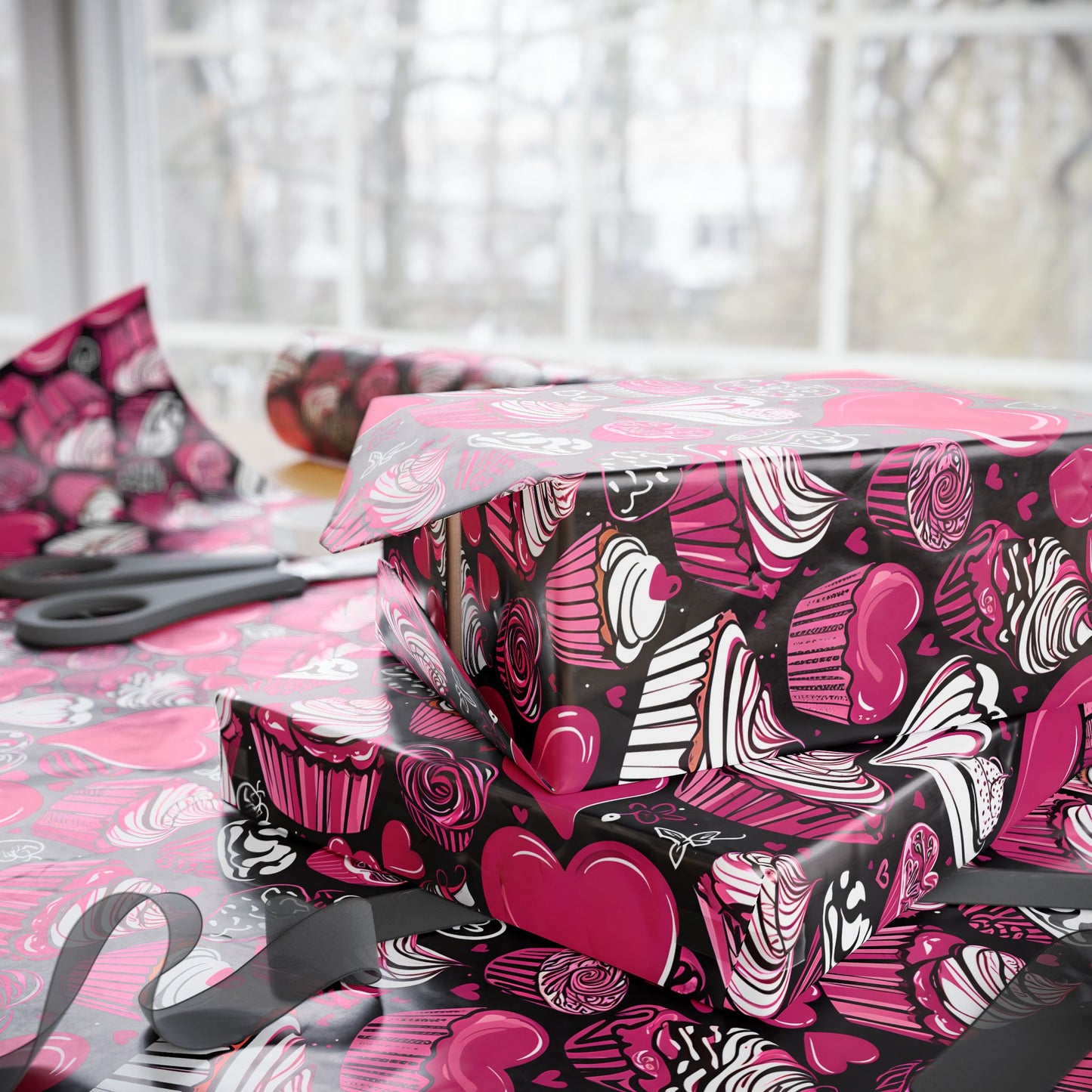 Pink and White Cupcakes and Hearts Valentine Gift Paper