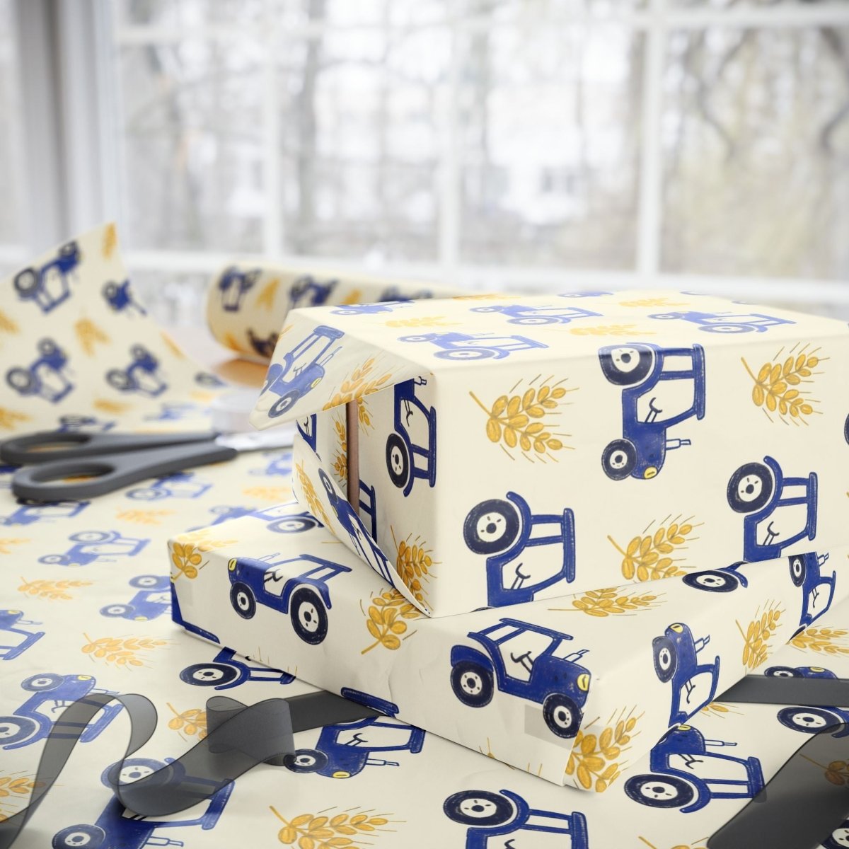 Blue Ribbon Harvest – Whimsical Tractor Wrapping Paper