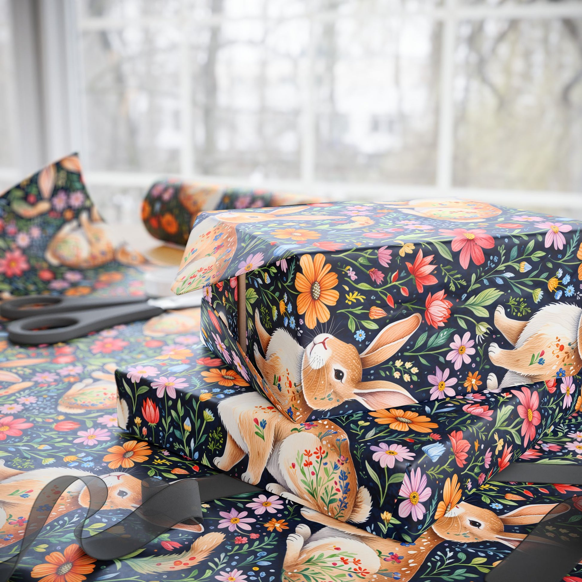Whimsical Floral Bunny Wrapping Paper