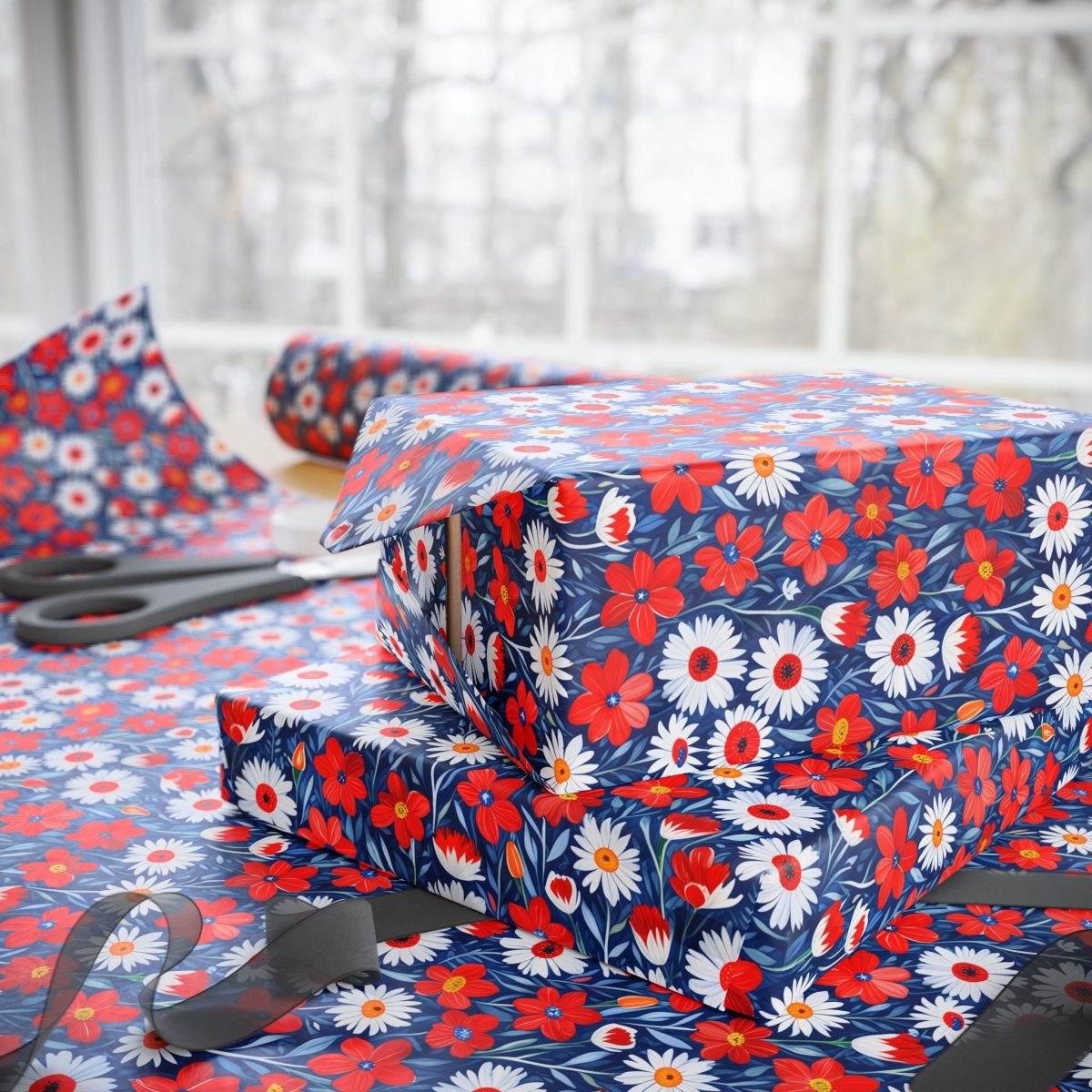Vibrant Red, Blue and White Floral Wrapping Paper