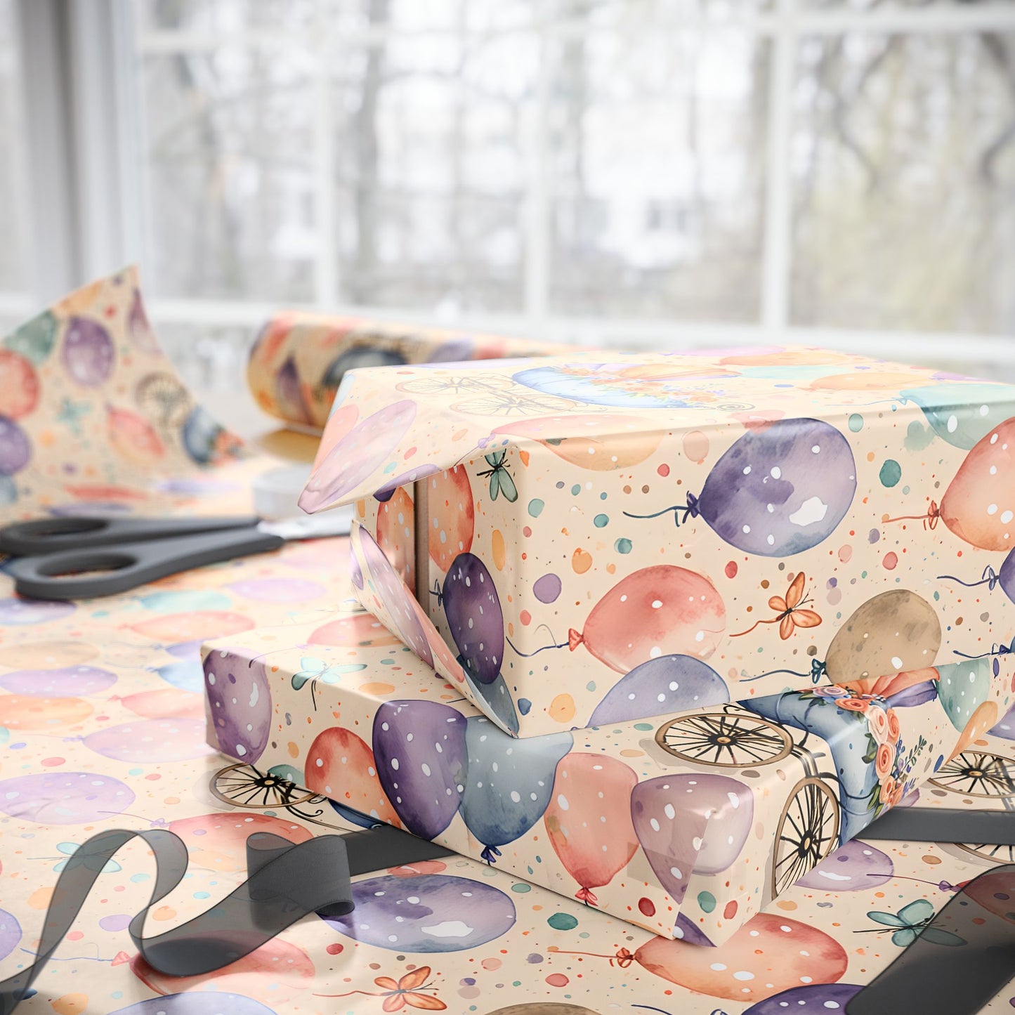 Baby Shower Gift Wrap with Floral Balloons and Baby Carriage Design